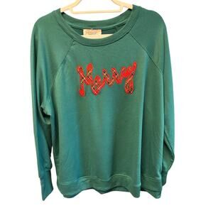Philosophy NWT Raglan Long Sleeve Merry Sweatshirt Plus Size 1X Green Holidays